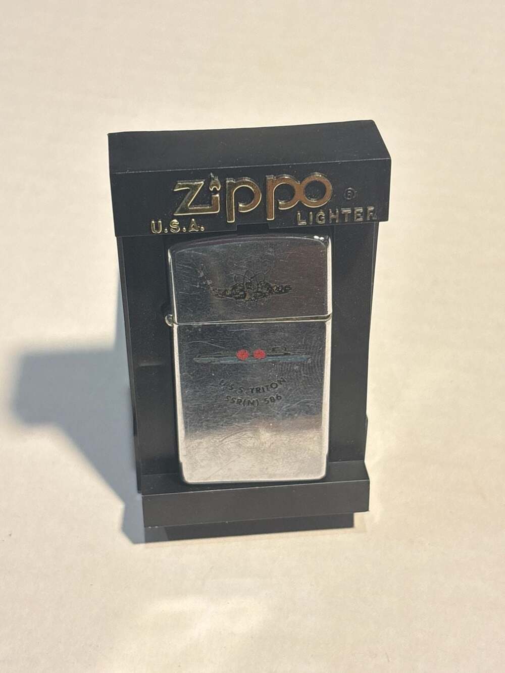 Vintage 1961 Zippo Lighter U.S.S. Triton SSR(N) 586 Submarine with Box